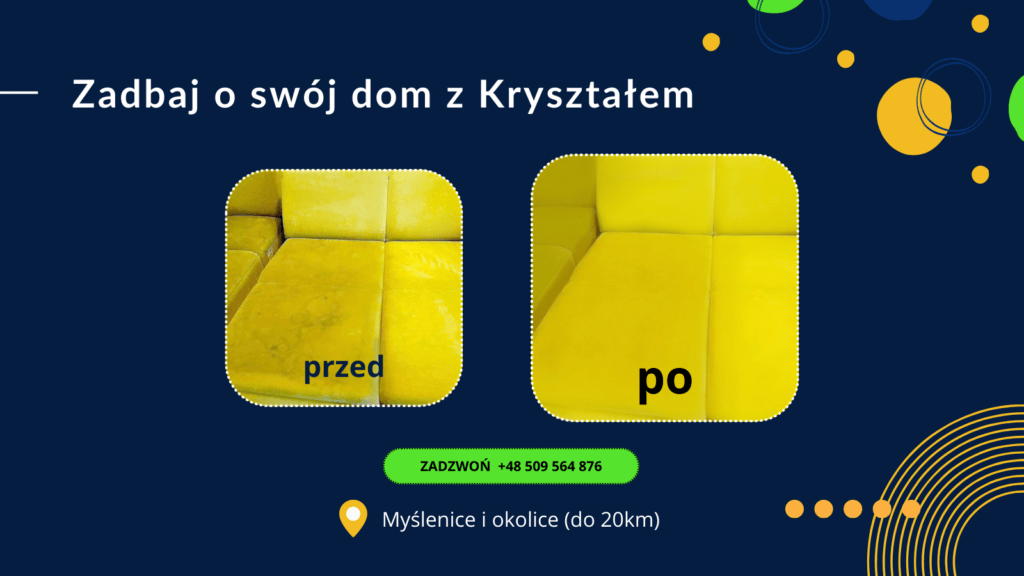 Grafika przedstawiająca efekt przed i po praniu tapicerki w firmie Kryształ